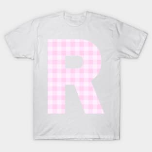 Pink Letter R in Plaid Pattern Background. T-Shirt